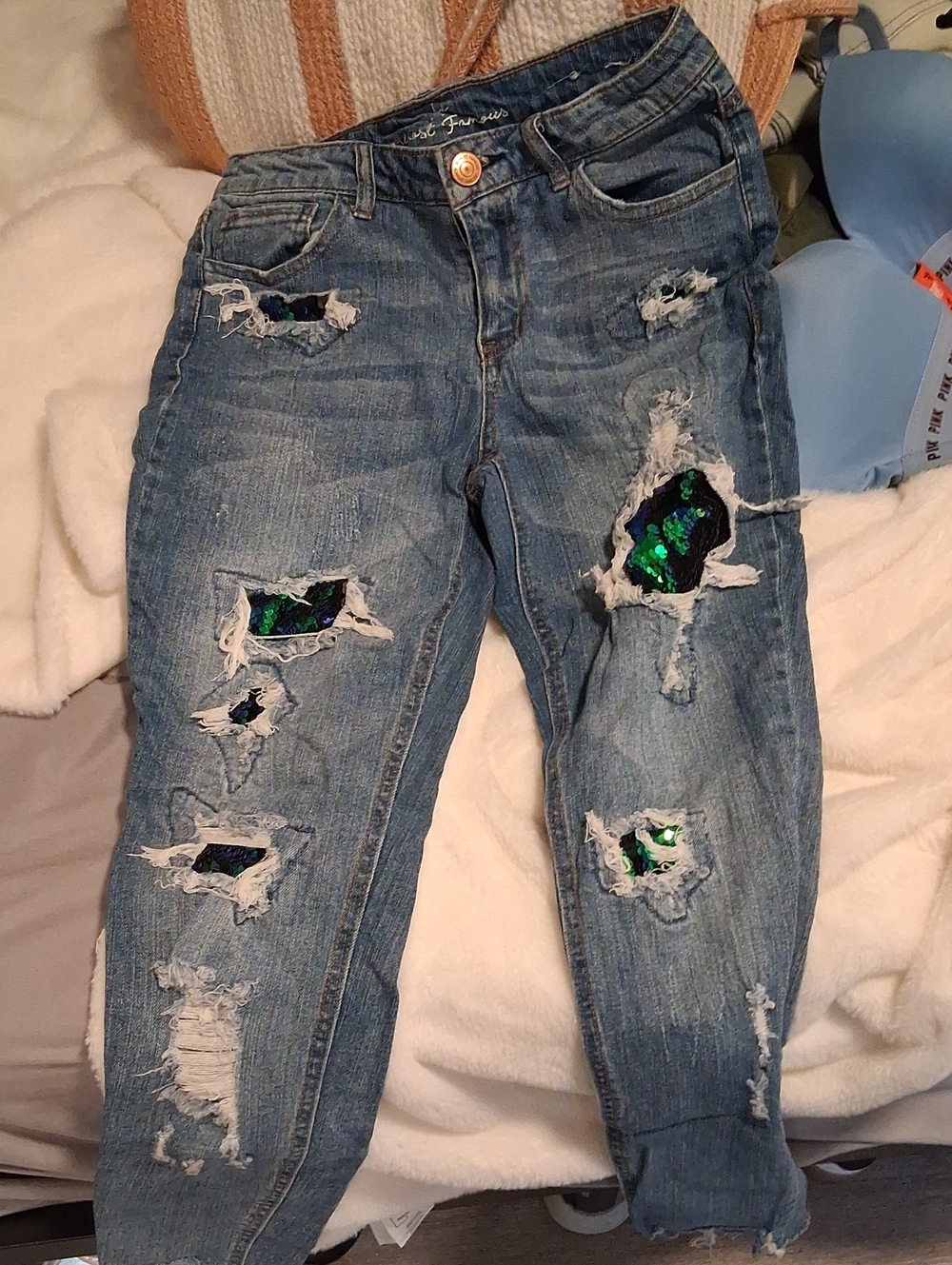 Almost Famous Distressed Blue Denim Jeans with Green Sequin Patches